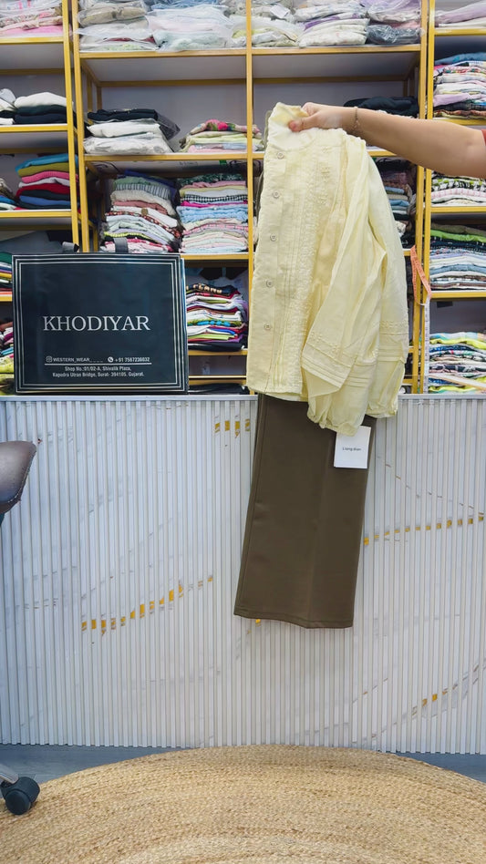 EMBROIDERY CASUAL  TOP  WITH BELL BOTTOM PANT SET