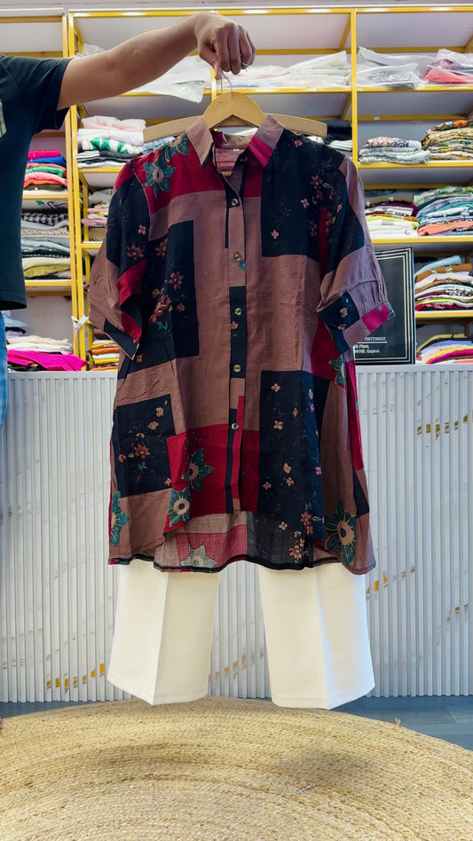 LONG PRINTED COTTON TUNIC TOP WITH BELL BOTTOM PANT SET