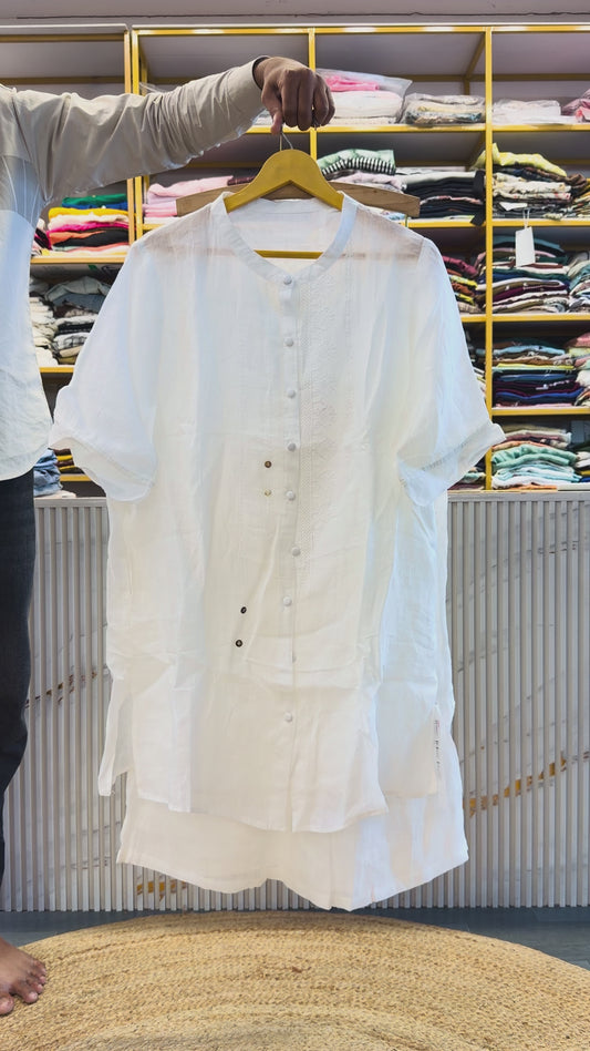 EMBROIDERY LINEN LONG TUNIC SHIRT WITH LINEN PANT SET