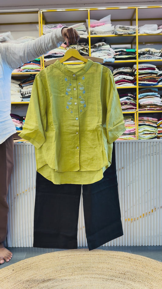 PISTA GREEN EMBROIDERY LINEN TOP WITH LINEN STRAIGHT PANT SET