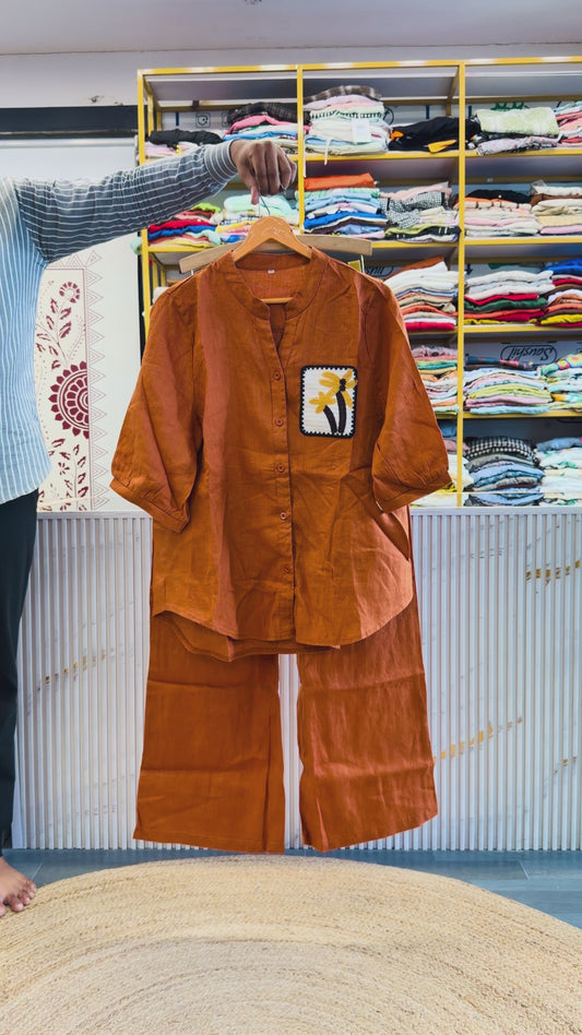 ORANGE CROCHET POCKET  LINEN TOP WITH LINEN COMFORTABLE PANT SET