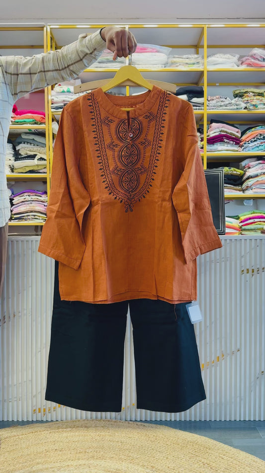 RUST EMBROIDERY TUNIC TOP WITH LINEN ELASTIC COMFORTABLE TROUSER PANT SET