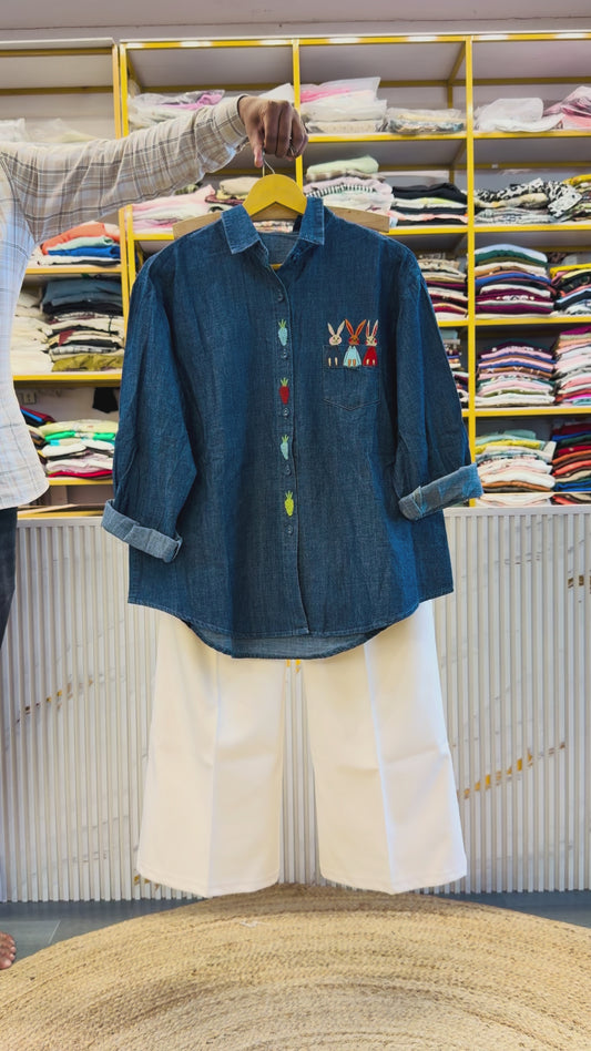 DENIM EMBROIDERY SHIRT WITH BELL BOTTOM PANT SET
