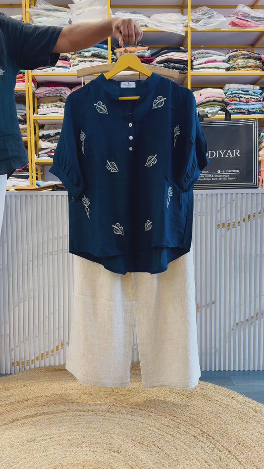 NAVY BLUE EMBROIDERY TOP  WITH LINEN PANT SET