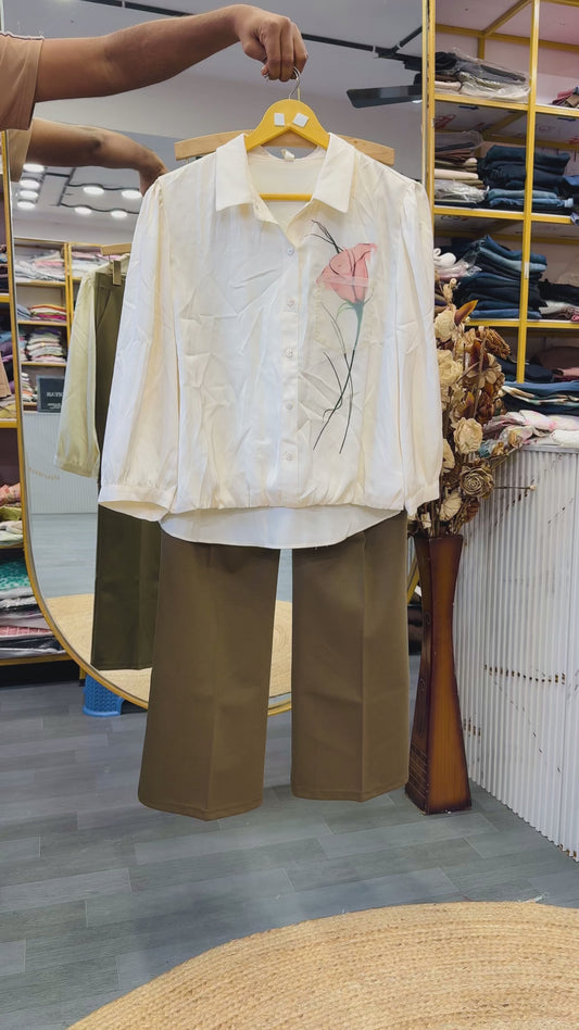 OFF WHITE SATIN POCKET TOP WITH BELL BOTTOM TROUSER PANT SET