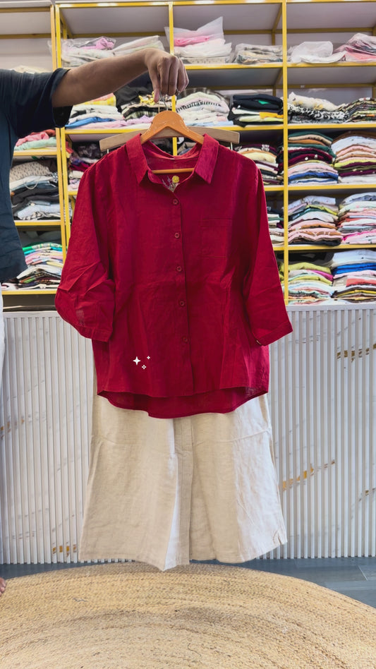RED BACK EMBROIDERY LINEN SHIRT  WITH LINEN PANT SET