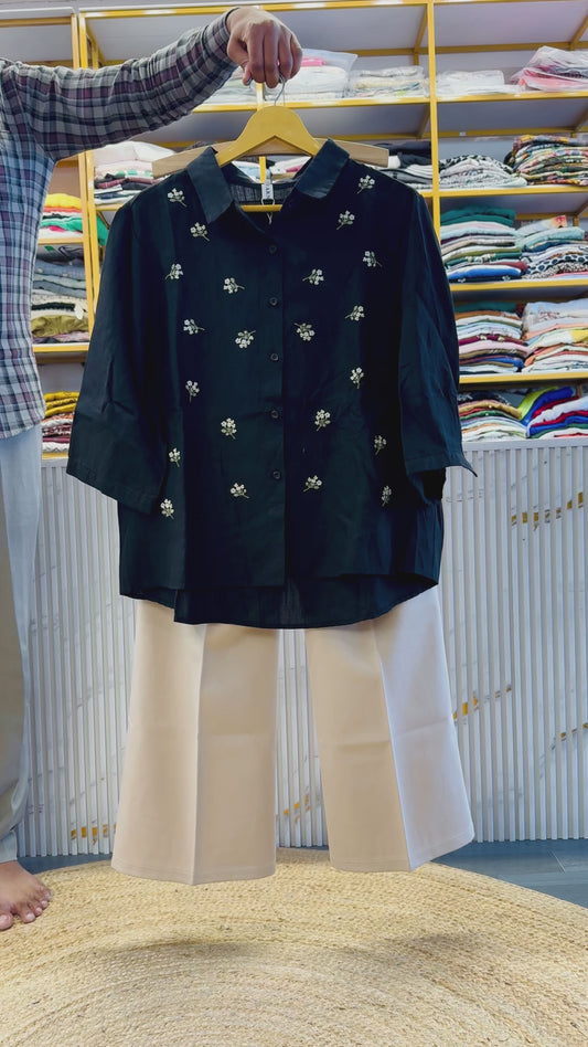 BLACK EMBROIDERY COTTON SHIRT WITH BELL BOTTOM TROUSER PANT SET