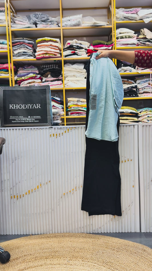 SKY EMBROIDERY CASUAL TOP WITH LINEN PANT SET