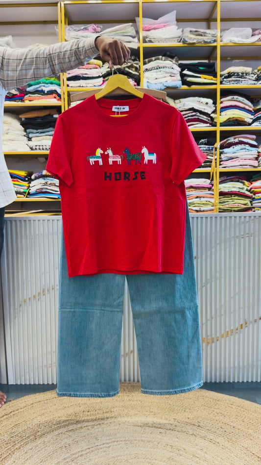 RED HORSE EMBROIDERY TSHIRT WITH IMPORTED SOFT DENIM PANT SET