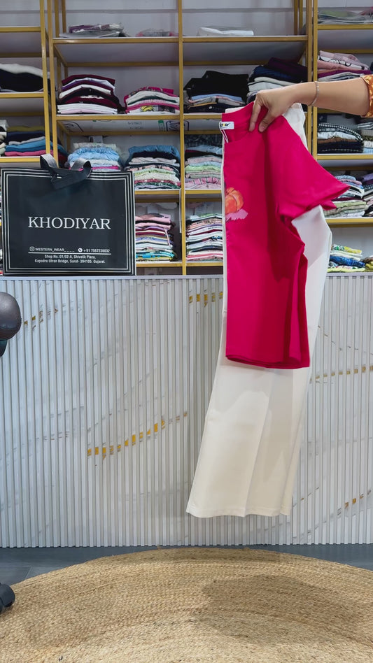 PINK EMBROIDERY COTTON TSHIRT WITH BELL BOTTOM TROUSER PANT SET