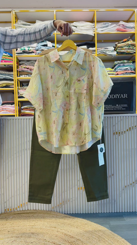 PRINTED SEMI LINEN PRINT SHIRT WITH GREEN MOMFIT  PANT SET