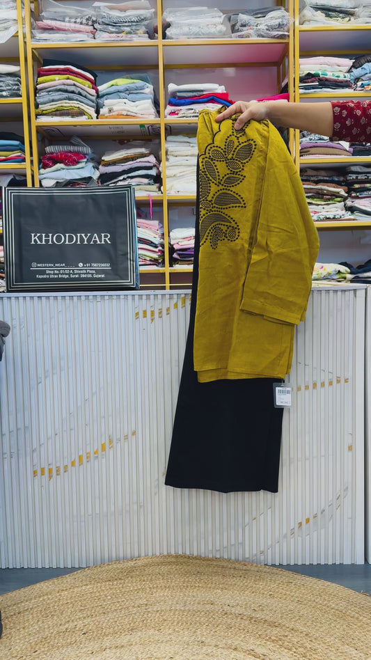 MASTARD EMBROIDERY LINEN TUNIC TOP WITH BELL BOTTOM TROUSER PANT SET