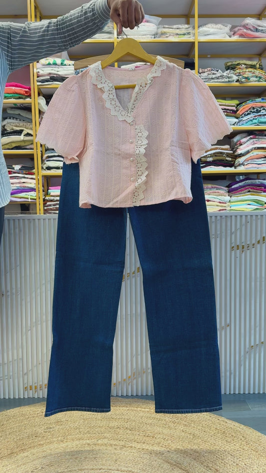 PINK EMBROIDERY CROP TOP WITH STRAIGHT DENIM PANT SET