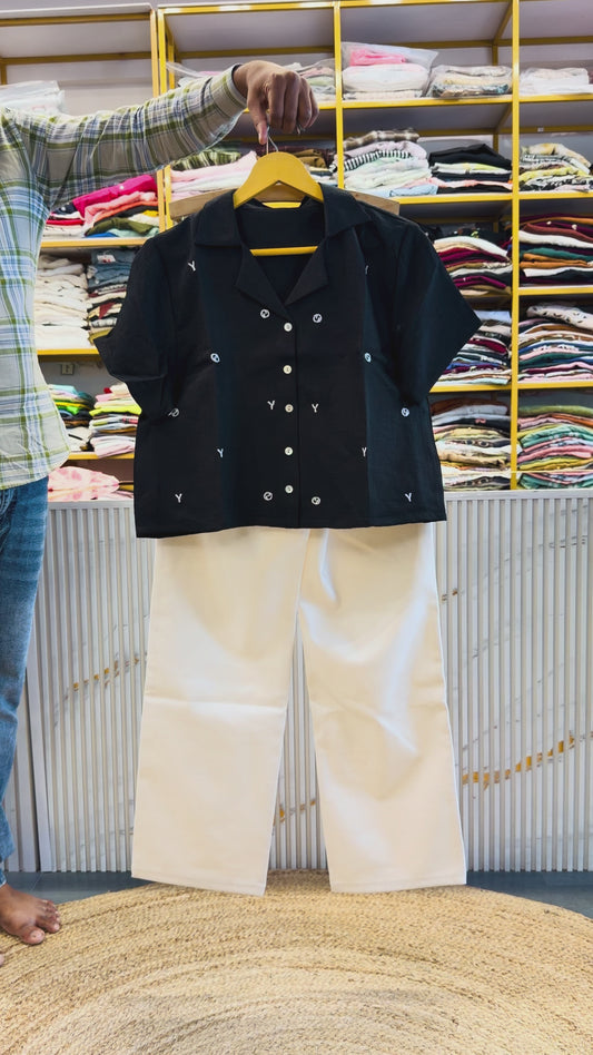 BLACK EMBROIDERY CROP TOP  WITH STRAIGHT STRETCHABLE TROUSER PANT SET