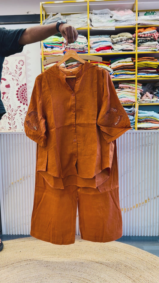 CUTWORK EMBROIDERY PURE LINEN COORD SET