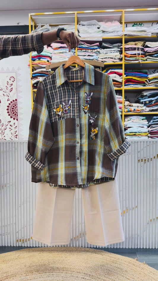 CHEX MUL COTTON EMBROIDERY SHIRT WITH BELL BOTTOM TROUSER PANT SET
