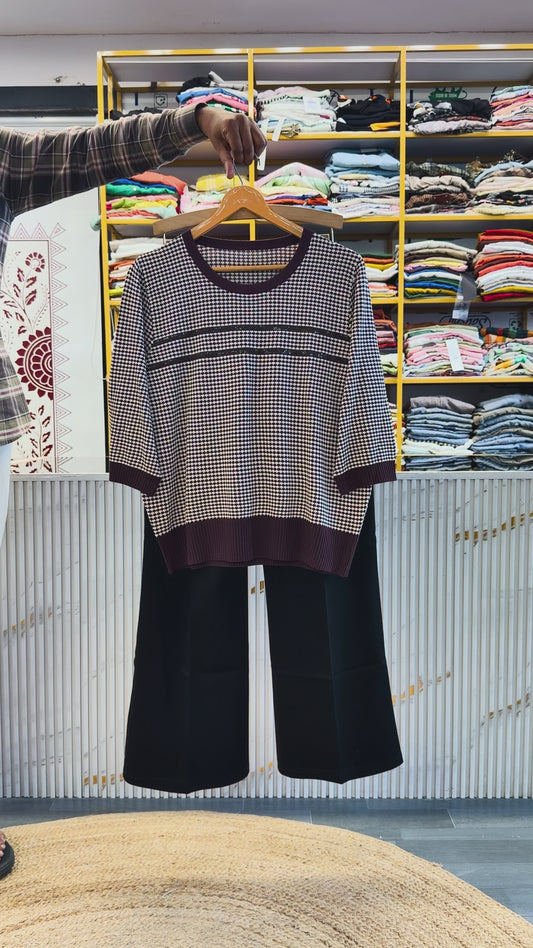 CHEX SOFT KNITTING TOP WITH BELL BOTTOM PANT SET